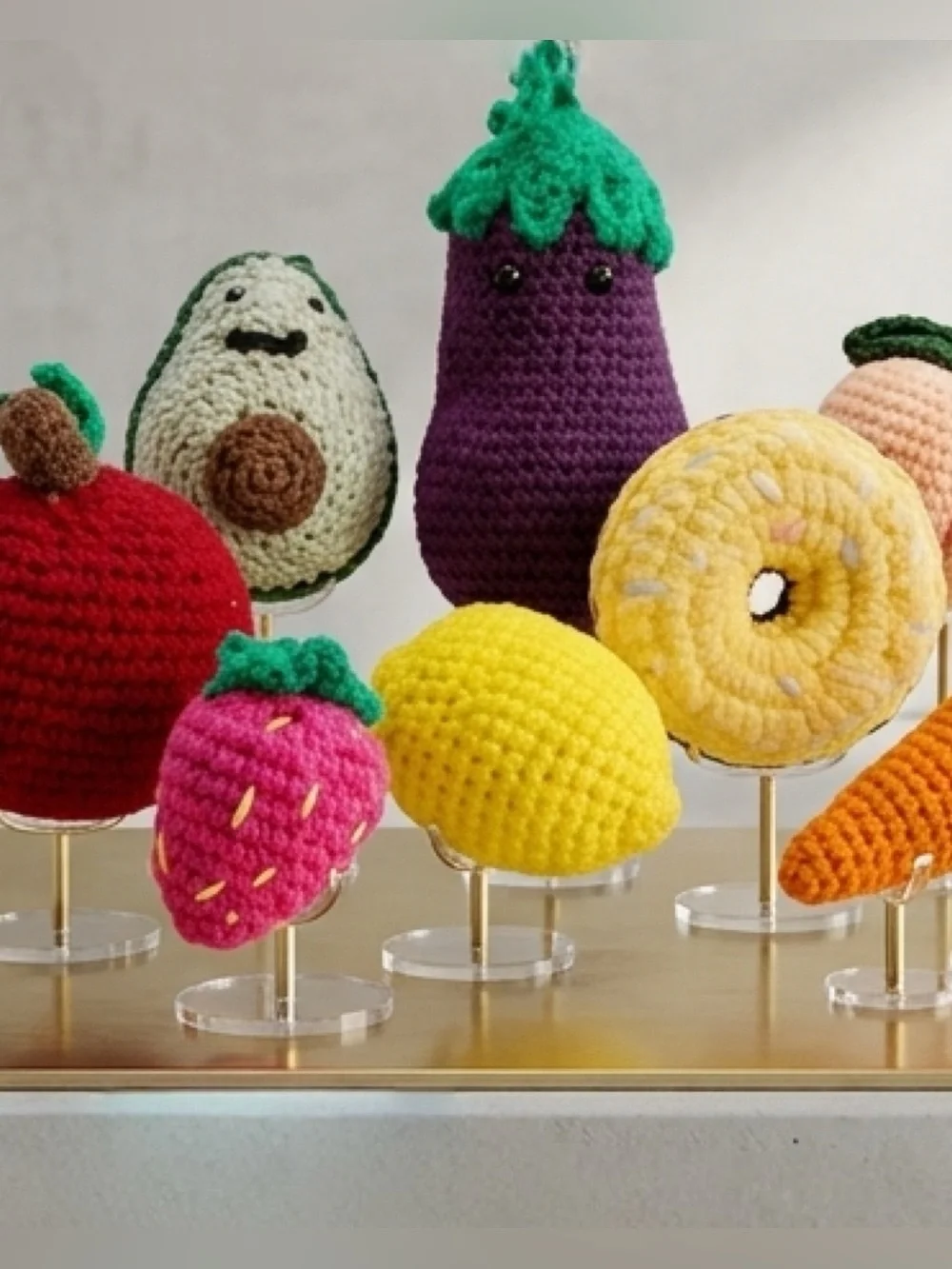 Handmade Crochet Play Food Set - 9pc Amigurumi Fruits, Veggies & Donut